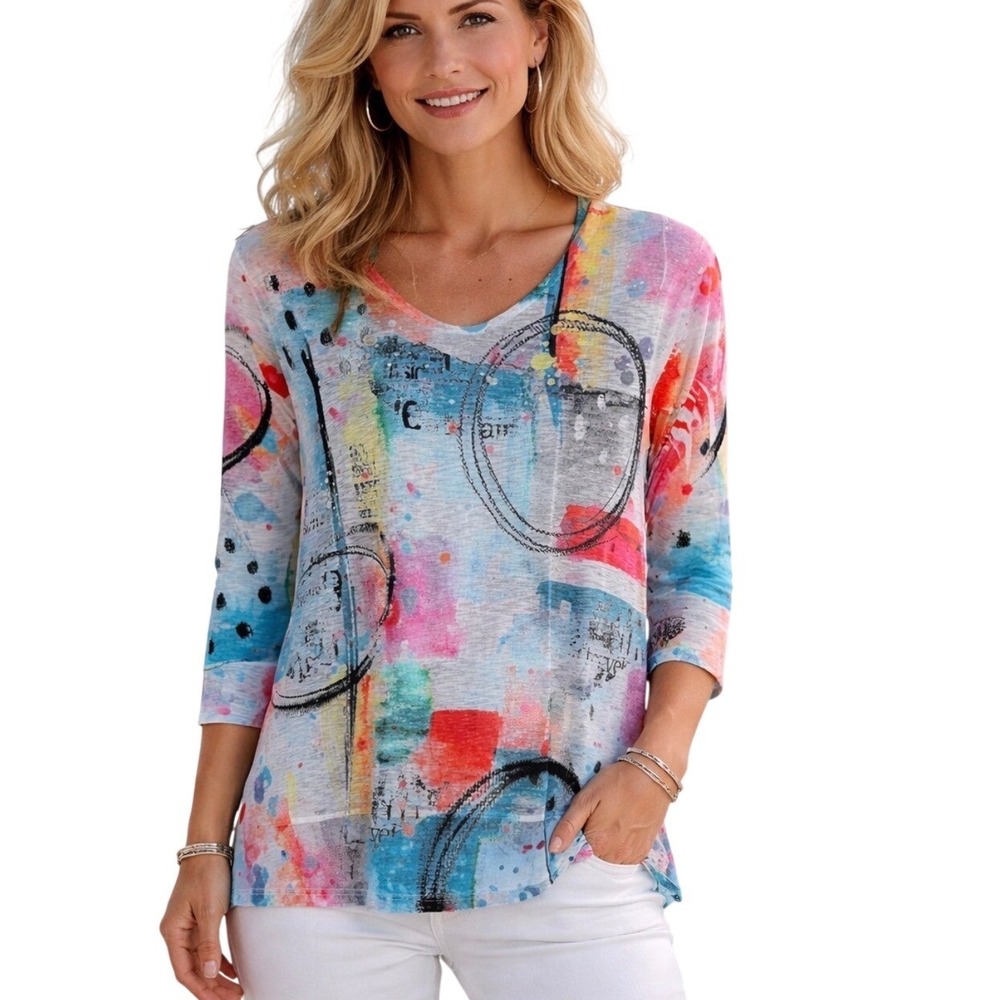 Jess & Jane Medium Miami Tunic Top NWT Abstract‎ Art Made in USA Long Sleeve M
